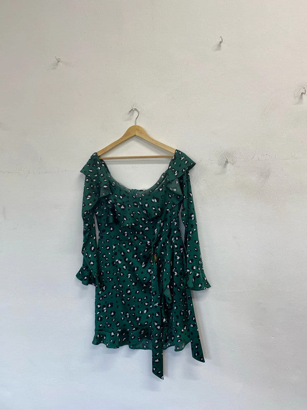 Stunning never fully dressed frill Mini dress Green leopard UK L LG006