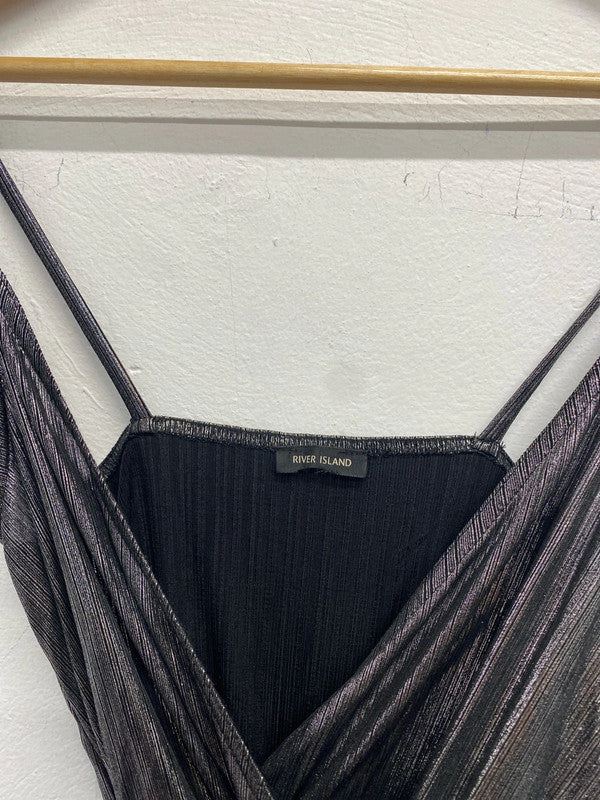 Stunning river island metallic silver split hem low neck dress UK S KM004