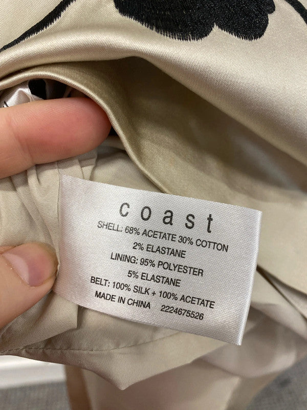 Coast Gorgeous Cream & Black Floral Embroidered Satin Belted Dress UK 14 AW002