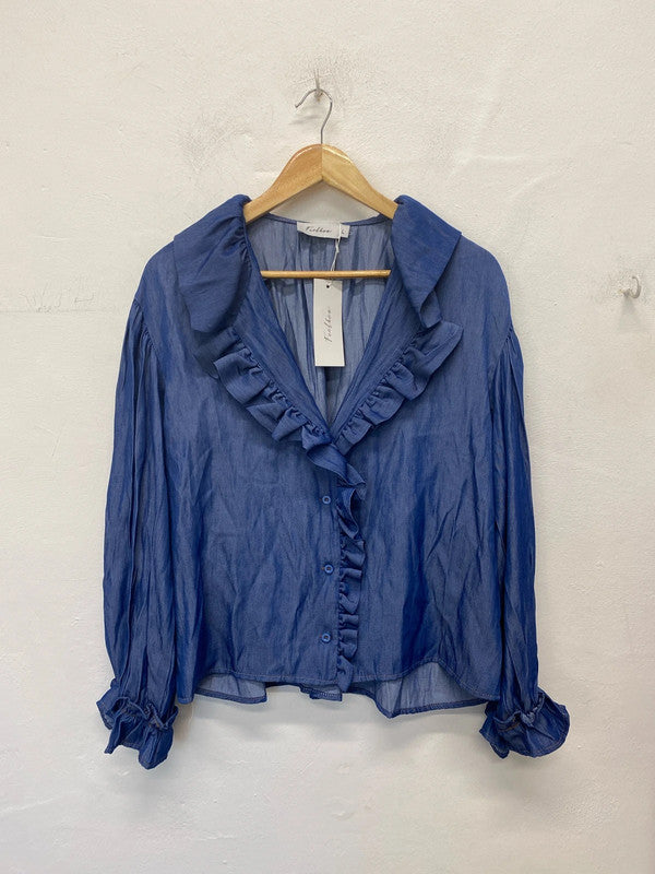 Feelhoo Elegant Blue Shimmer Ruffle Blouse Size L KM005