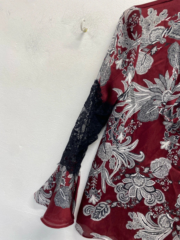 Lovely river island pussy bow red white pattern lace sleeve blouse UK S KM004