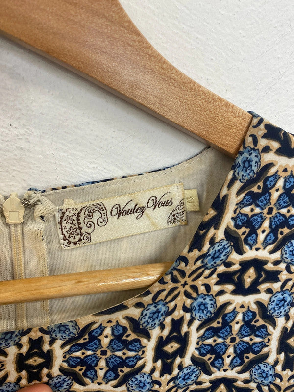 Voulez Vous Elegant Blue & Beige Indian Boho Smock Dress UK 12 GK002