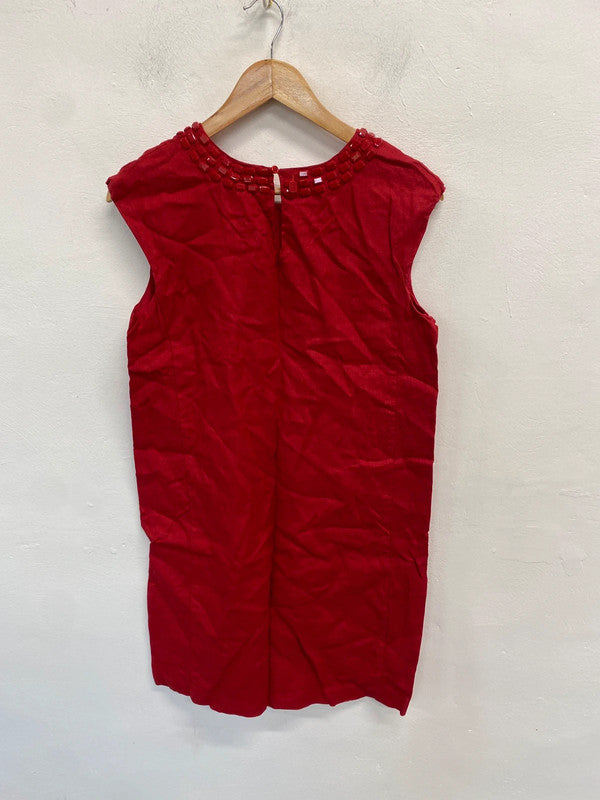 Stunning island shop red linen jewel midi dress UK 14 MS002