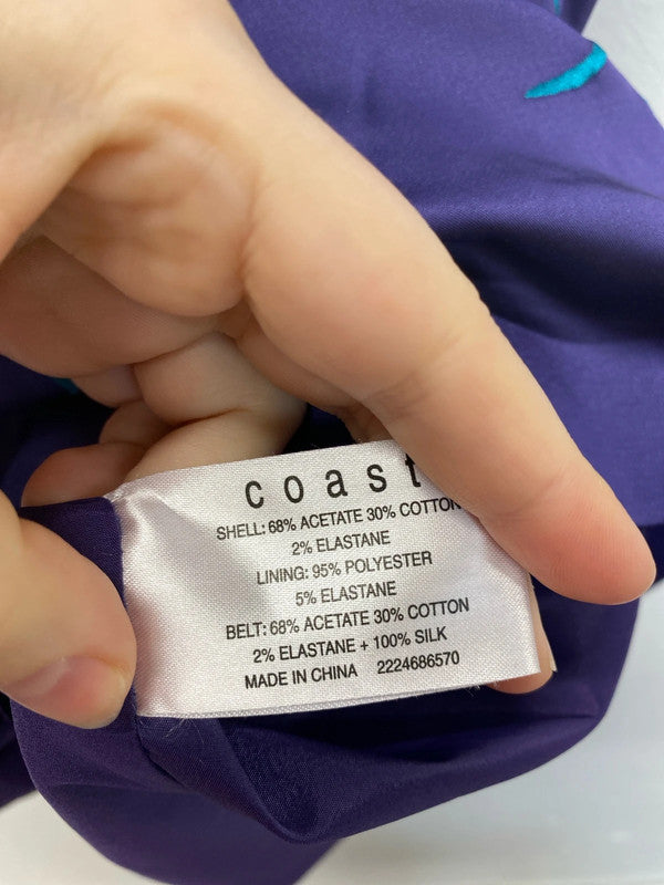 Coast Elegant Purple & Turquoise Floral Embroidered Satin Sheath Dress UK 14 AW002