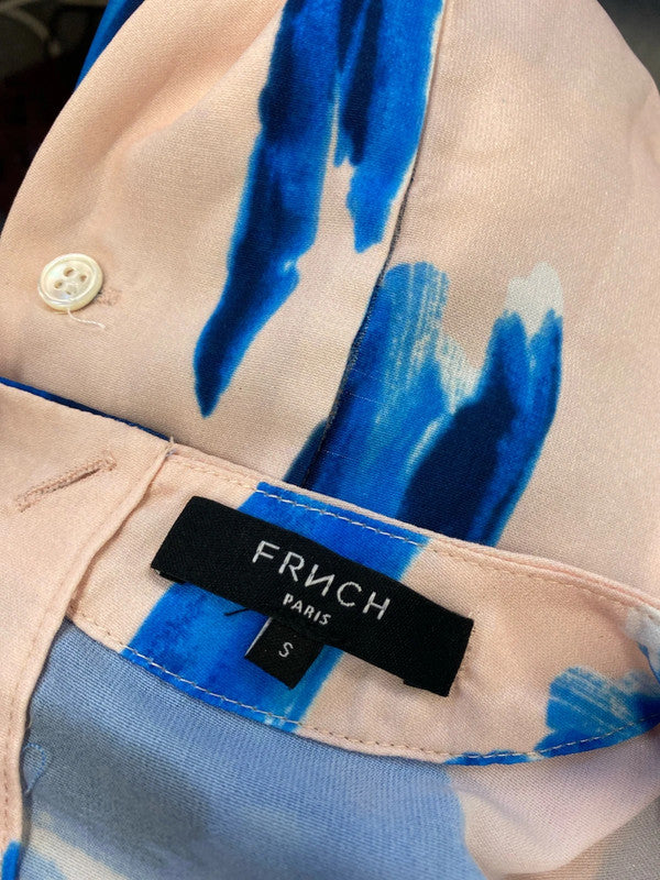 Lovely French blue pink tie cuff blouse UK S AG005