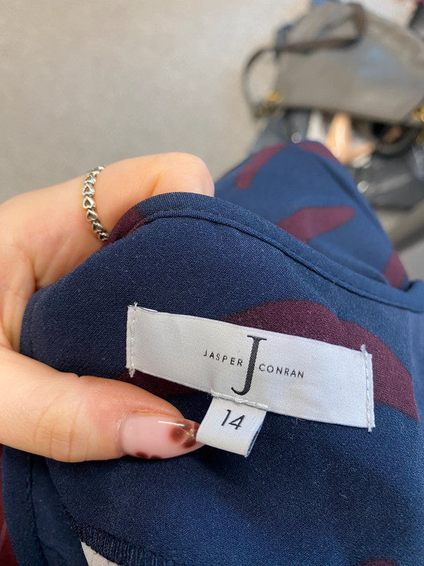 Stunning Jasper Conran navy burgundy pattern midi tie waist dress UK 14 MD002