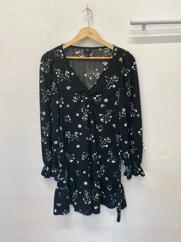 Fabulous River Island black floral floaty romantic dress Uk12 LB004
