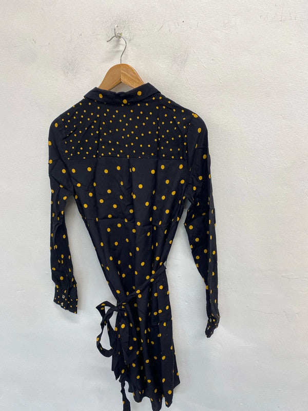 Lovely oasis black yellow spotted belted tie shirt dress UK 10 AG006