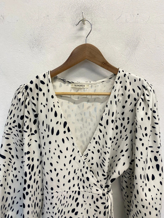 Lovely glamorous black white spotted midi wrap dress UK 12 LB004