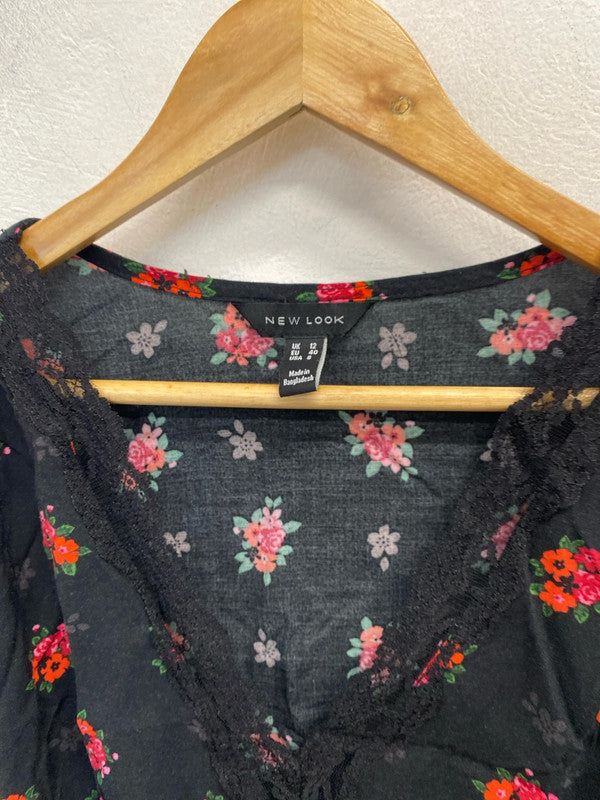 Lovely new look black red floral lace neck mini dress UK 12 LB010