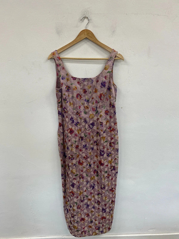 Vintage Monsoon Gorgeous Lilac Floral Satin Sheath Dress UK 12 MM005