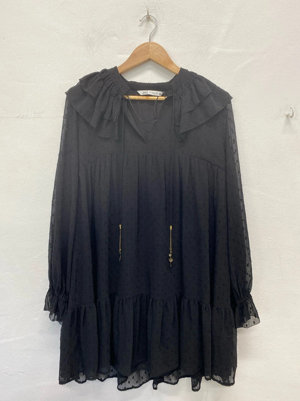 Zara Boho Black Dotted Swing Dress Size L AE001