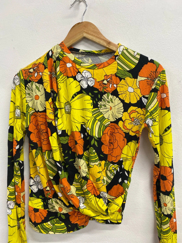 Stunning Zara trafaluc funky floral yellow orange ruched top UK S NS003