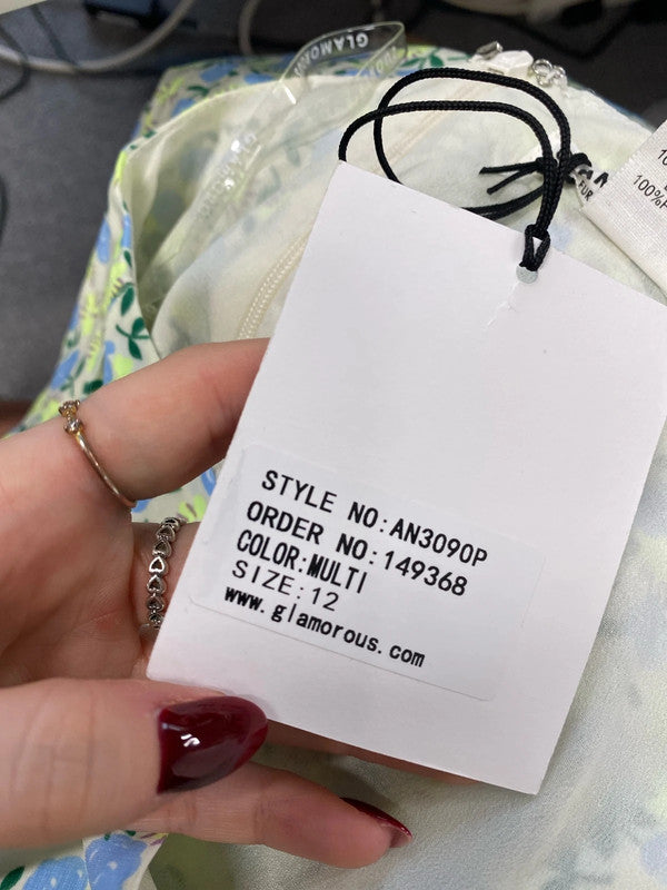 Lovely glamorous lime blue floral smock dress nwt UK 12 petite AE001