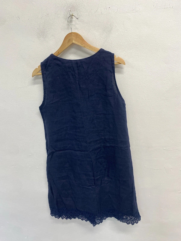 Lovely rosemarine navy broderie linen dress UK L MM005