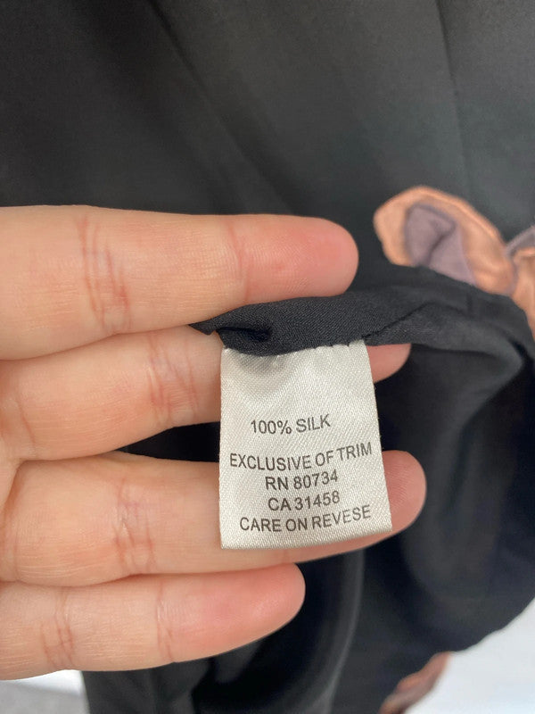 Kenzo Jeans Stylish Black Floral Appliqué Silk LBD Size M MS002