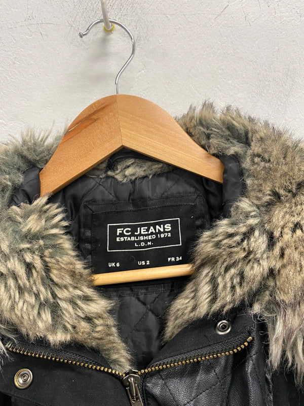 Lovely French connection fur hood parka black UK 6 KM004