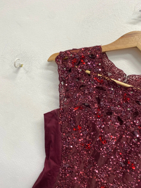 Beautiful French connection burgundy sparkle lace trim midi dress UK S KM004