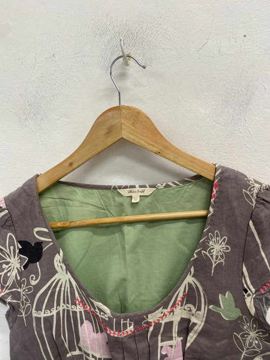 Lovely white stuff grey green bird linen dress UK 10 MM005