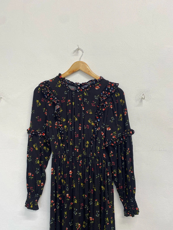 Gorgeous m&s black smock floral midi dress UK 6 SS004