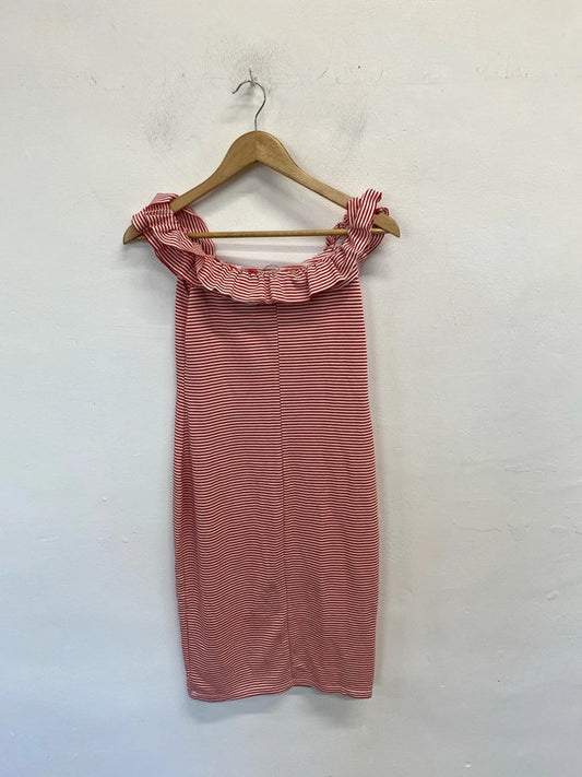 Stunning Zara off the shoulder red white striped midi dress UK M JB001