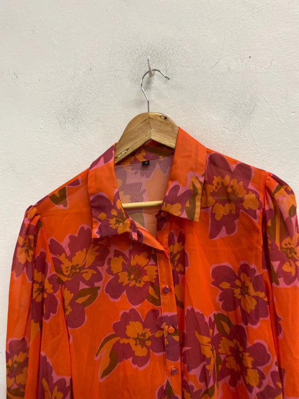 Lovely shein orange pink floral semi sheer blouse UK M JB001