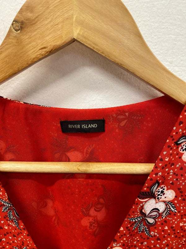 River Island Fabulous Red Hearts Pattern Cold Shoulder Faux Wrap Mini Dress UK 8 KM004