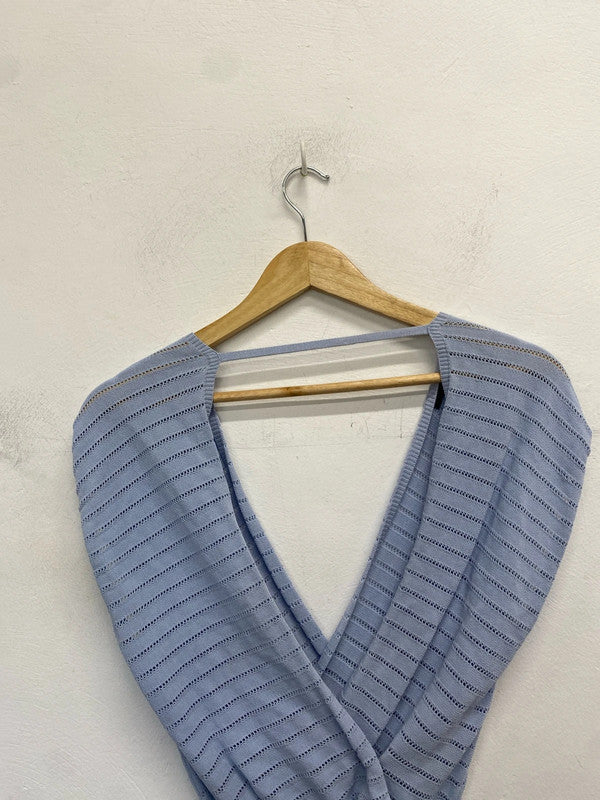 Lovely Karen Millen blue crochet low bust belted top UK S JM005