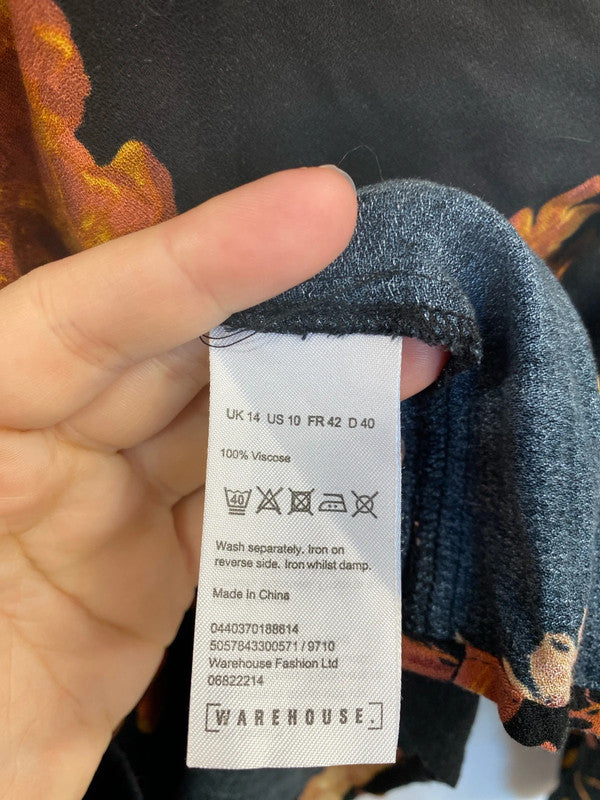 Warehouse Stylish Black & Orange Botanical Pattern Blouse UK 14 GW001