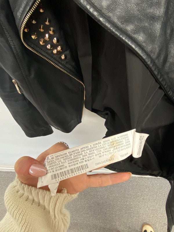 Fabulous Zara women black studded biker jacket UK XS KM004