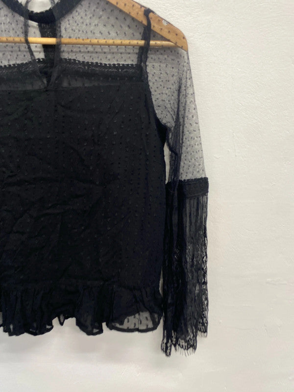 Stunning river island semi sheer lace black long sleeve top UK S KM004