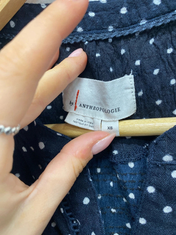 Lovely Anthropologie navy spotted tunic top UK xs YTH01