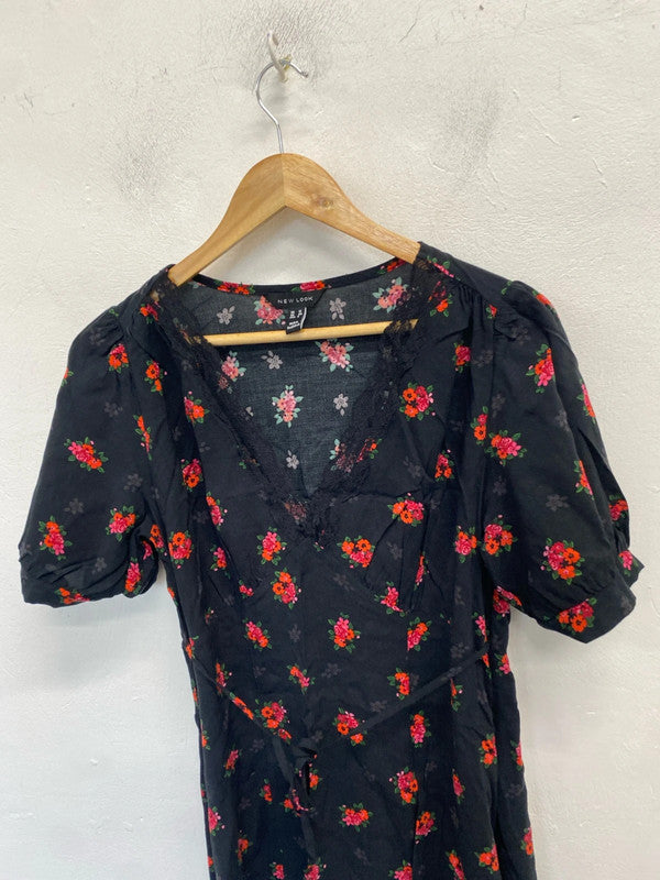 Lovely new look black red floral lace neck mini dress UK 12 LB010