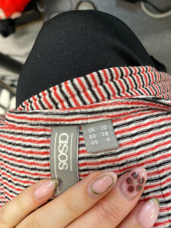 Cute asos black red stripe long sleeve button up casual dress UK 10 JH001