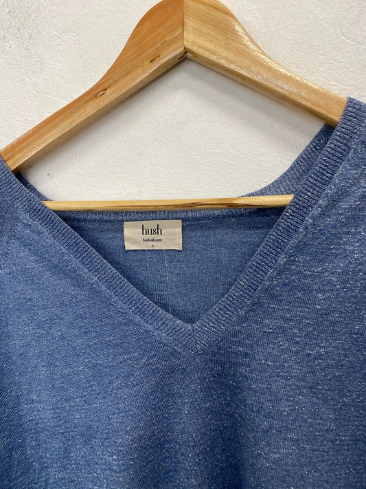 Stunning hush blue metallic thread jumper v neck UK S JP001