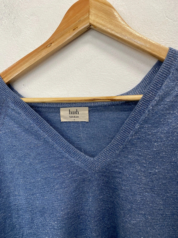 Stunning hush blue metallic thread jumper v neck UK S JP001