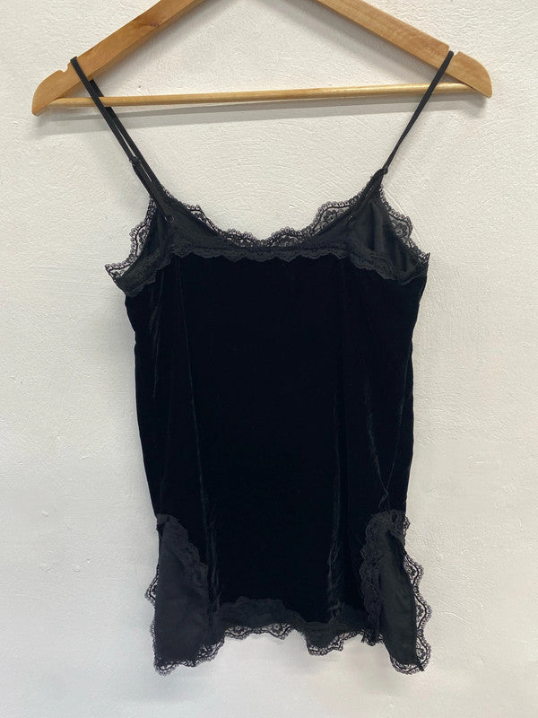 Stunning river island black velvet look lace trim cami top UK S KM004