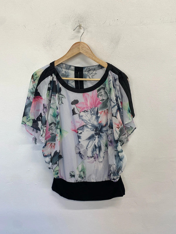 Lovely coast white black floral frill sleeve top UK 12 KM005