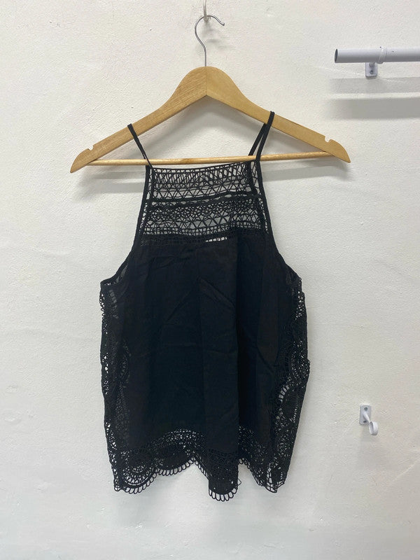 Fabulous Black broderie cotton boho top Uk M 12 NN001