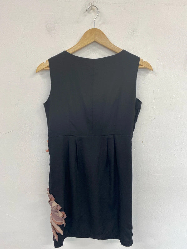 Kenzo Jeans Stylish Black Floral Appliqué Silk LBD Size M MS002