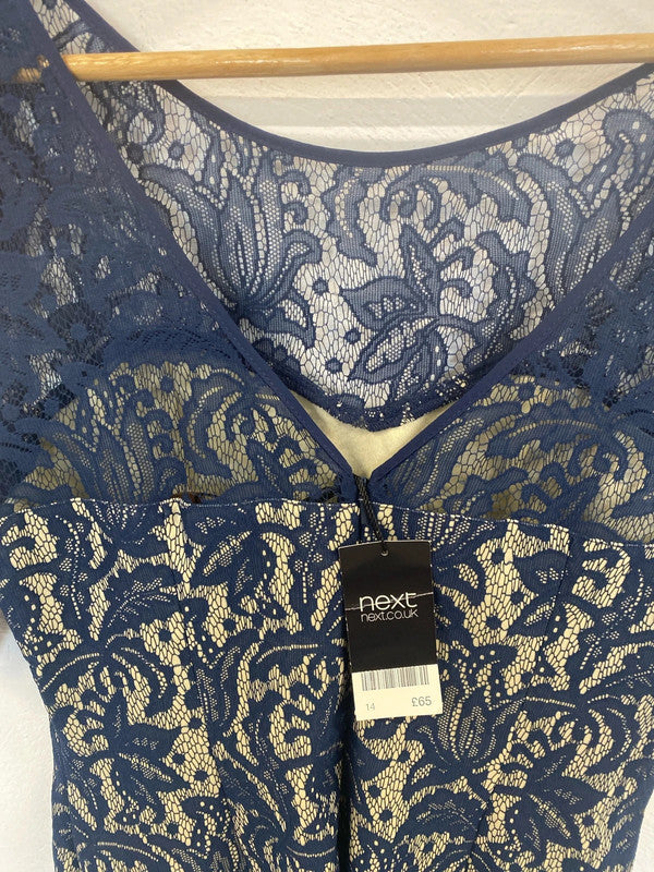 Next Elegant Navy Lace Overlay Midi Dress UK 14 AO001