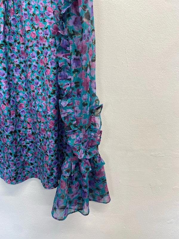 Lovely French connection floral frill blue blouse UK S HDR01