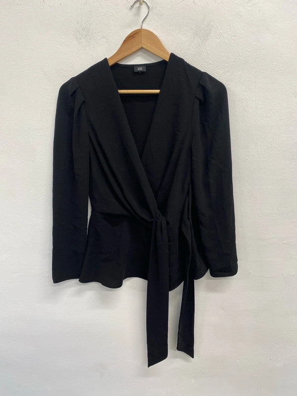 Lovely river island black low neck tie waist long sleeve top formal UK S KM004