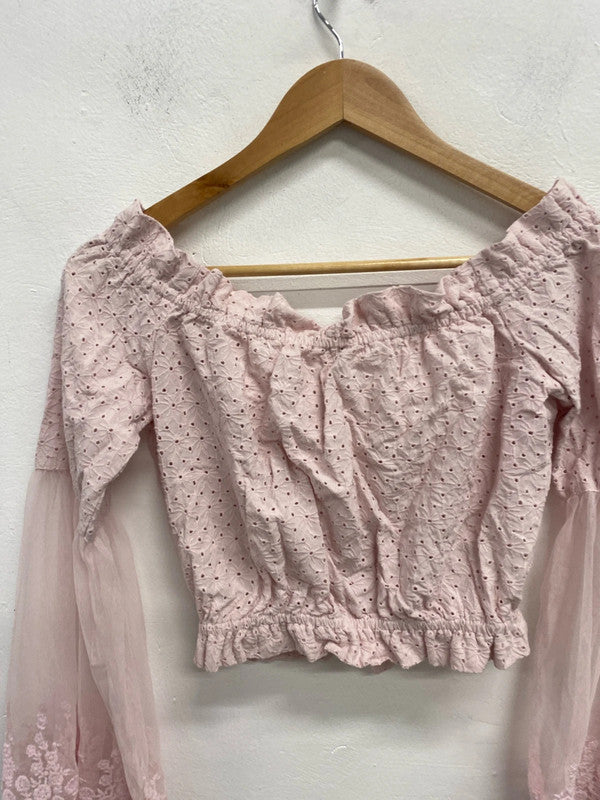 Fabulous river island fairytale pink lace sheer sleeve bardot top with tie neck UK S KM004