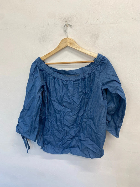 Stunning paper hearts off the shoulder blue denim top UK L MW001