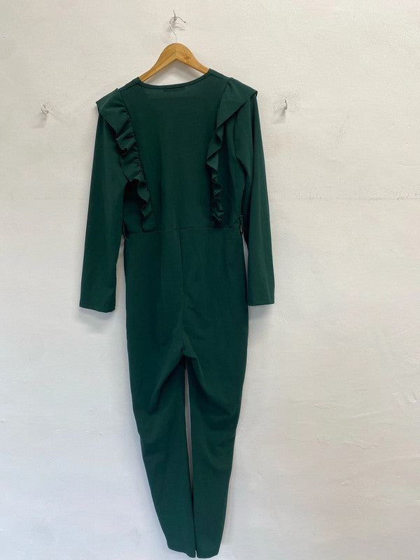 Lovely boohoo Forrest green jumpsuit frill neck UK 14 LB010