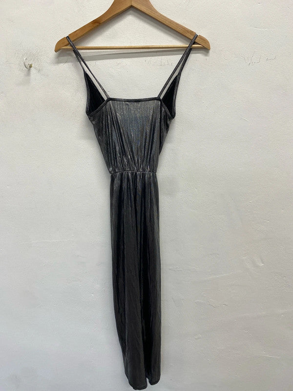 Stunning river island metallic silver split hem low neck dress UK S KM004