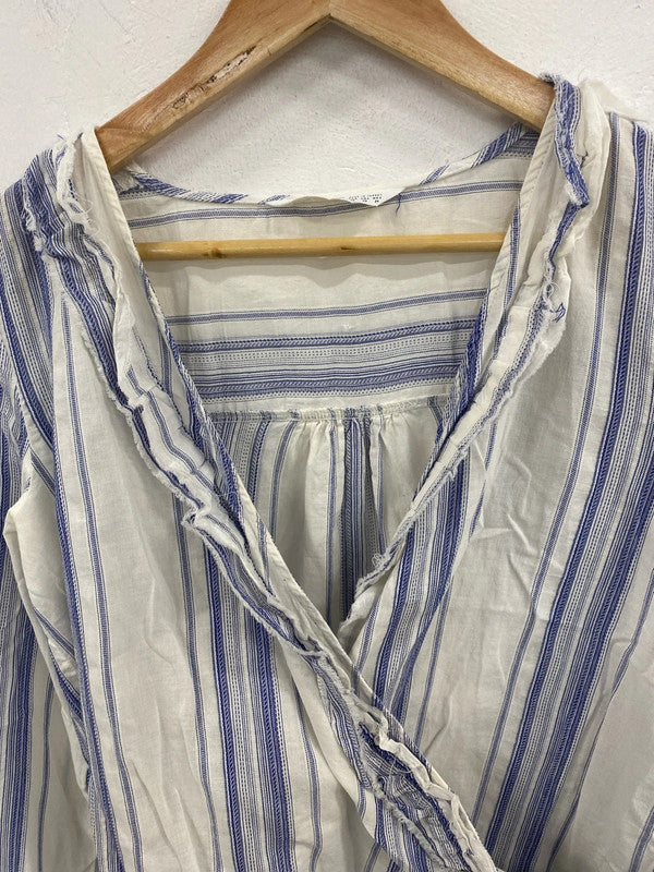 Zara Chic White & Blue Stripe Raw Edge Blouse Size XS AG006