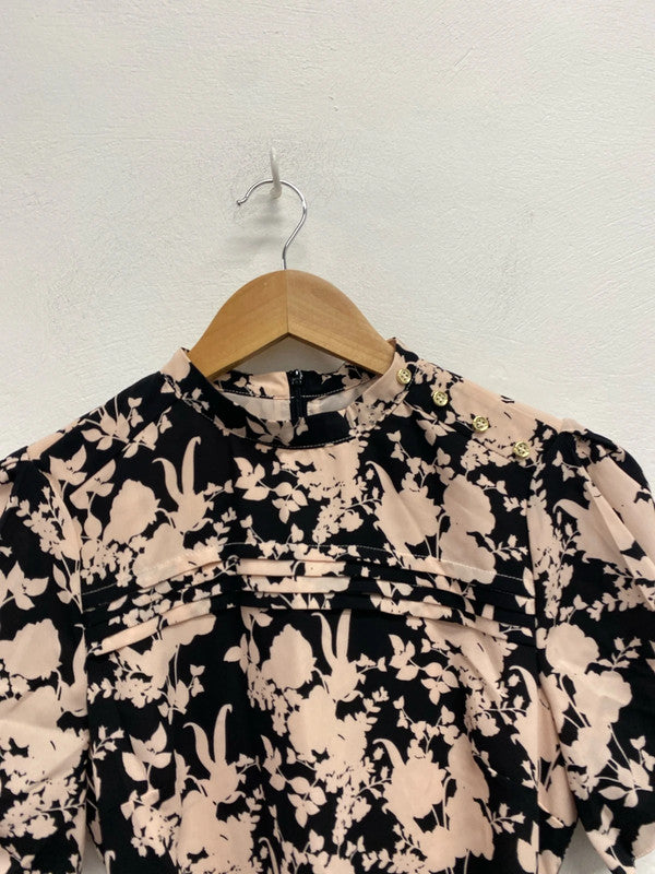 Lovely oasis beige black floral tie waist midi dress UK 8 KM004