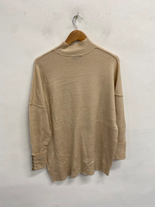 Lovely mint velvet beige high neck ribbed button sleeve jumper UK S AG006